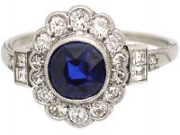 Art Deco 14ct White Gold, Sapphire & Diamond Cluster Ring with Diamond Set Shoulders