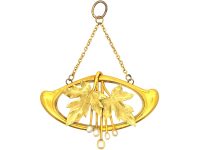 Art Nouveau 15ct Two Colour Gold Pendant with Leaf & Natural Pearl Motif