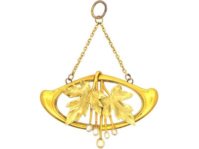 Art Nouveau 15ct Two Colour Gold Pendant with Leaf & Natural Pearl Motif