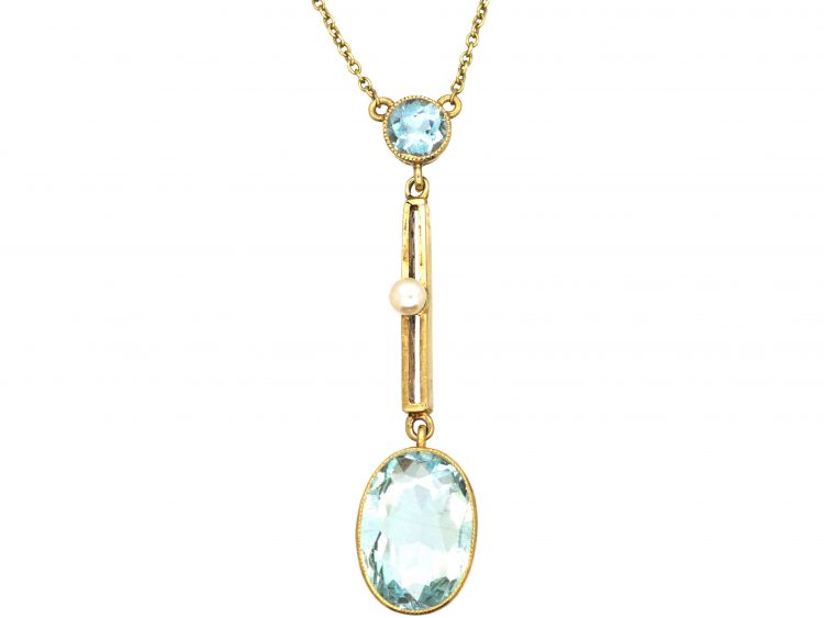Art Deco 15ct Gold, Aquamarine & Pearl Pendant on 15ct Gold Chain