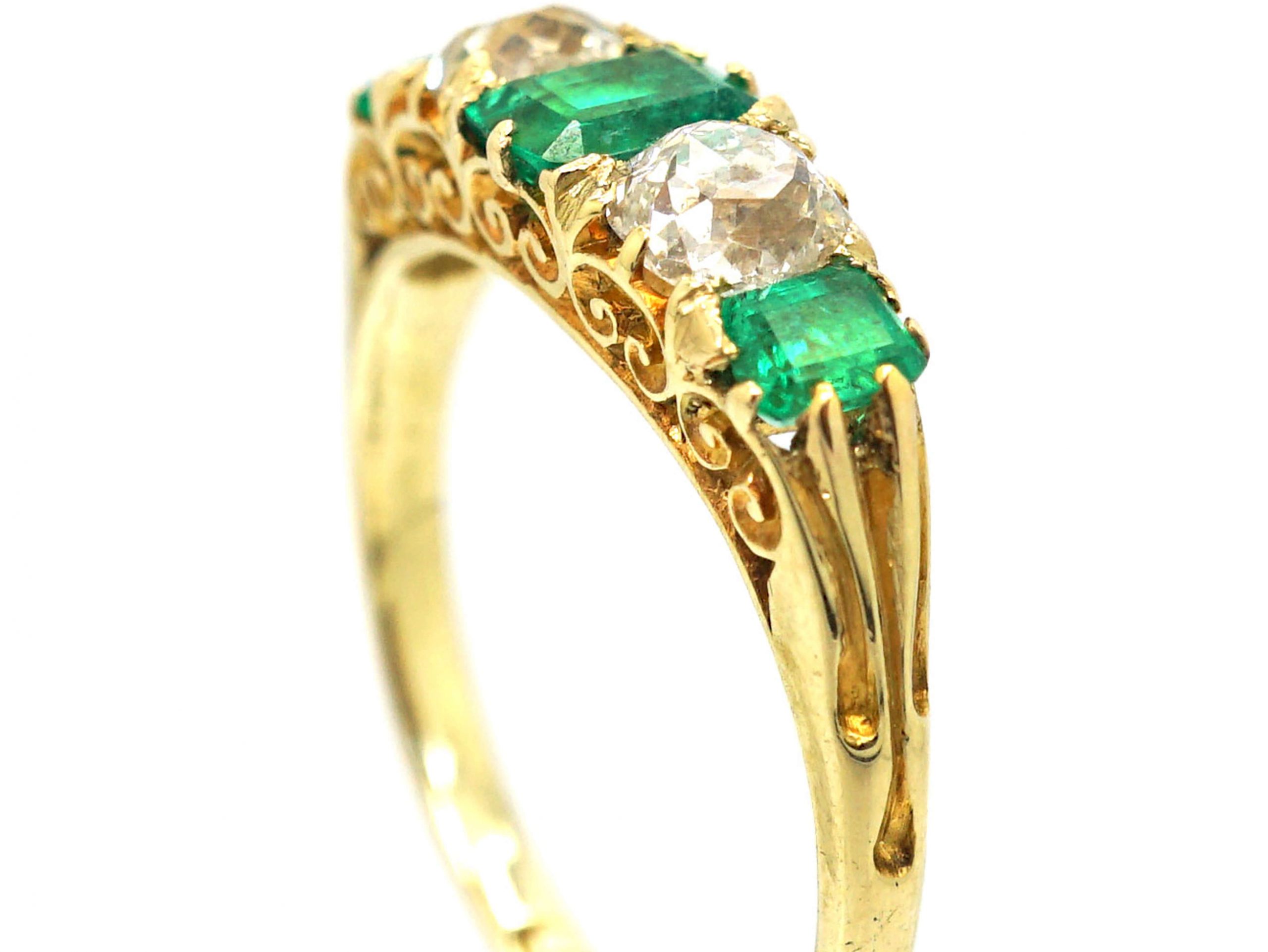Victorian 18ct Gold, Five Stone Emerald & Diamond Carved Half Hoop Ring ...