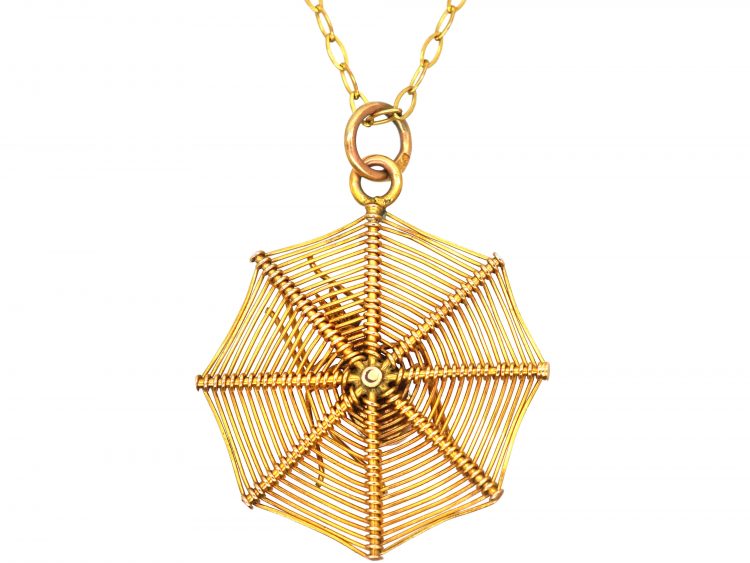 Edwardian 9ct Gold Pendant of a Spider in it's Web on a 9ct Gold Chain