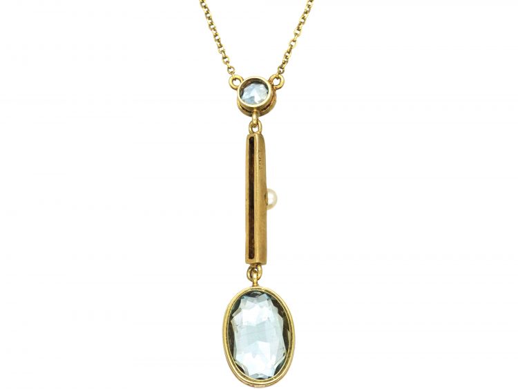 Art Deco 15ct Gold, Aquamarine & Pearl Pendant on 15ct Gold Chain