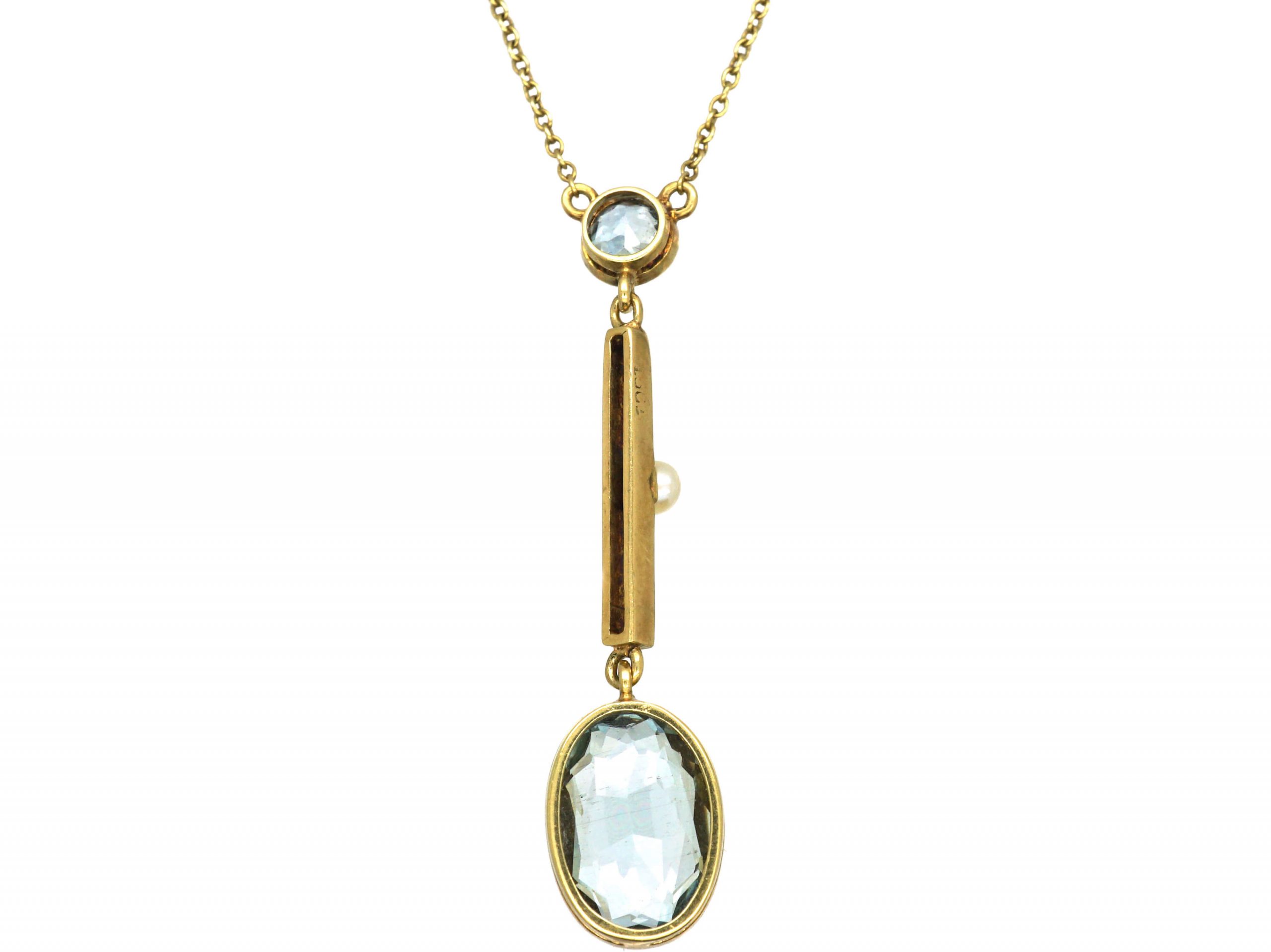 Art Deco 15ct Gold Aquamarine And Pearl Pendant On 15ct Gold Chain 245t The Antique Jewellery 2304