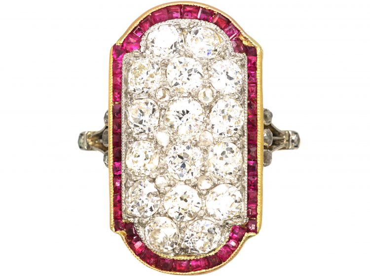 Art Deco 18ct Gold & Platinum, Ruby & Diamond Plaque Ring
