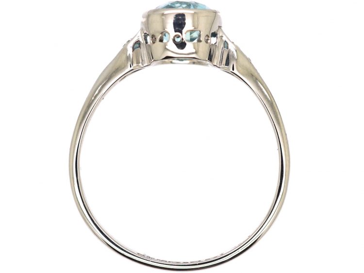 Art Deco Platinum Aquamarine Ring with Diamond Set Shoulders