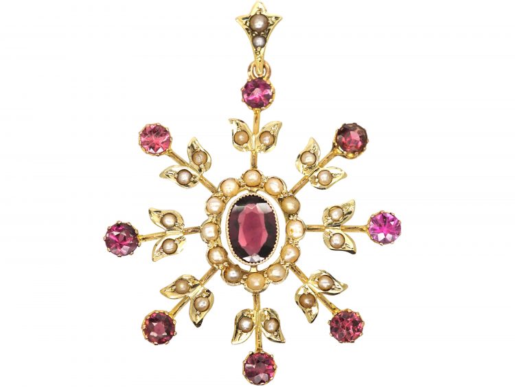 Edwardian 9ct Gold Starburst Pendant set with Garnets & Natural Split Pearls