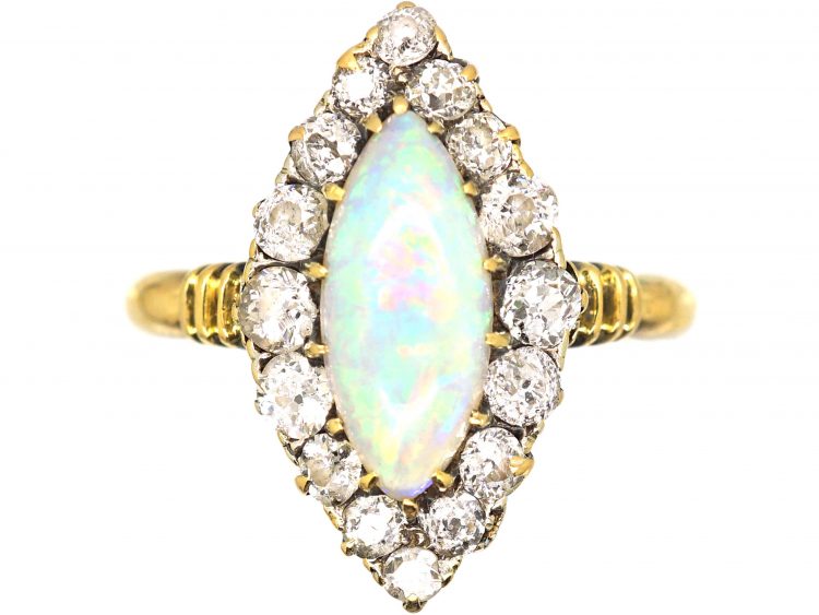 Edwardian 18ct Gold Opal & Diamond Marquise Shaped Ring