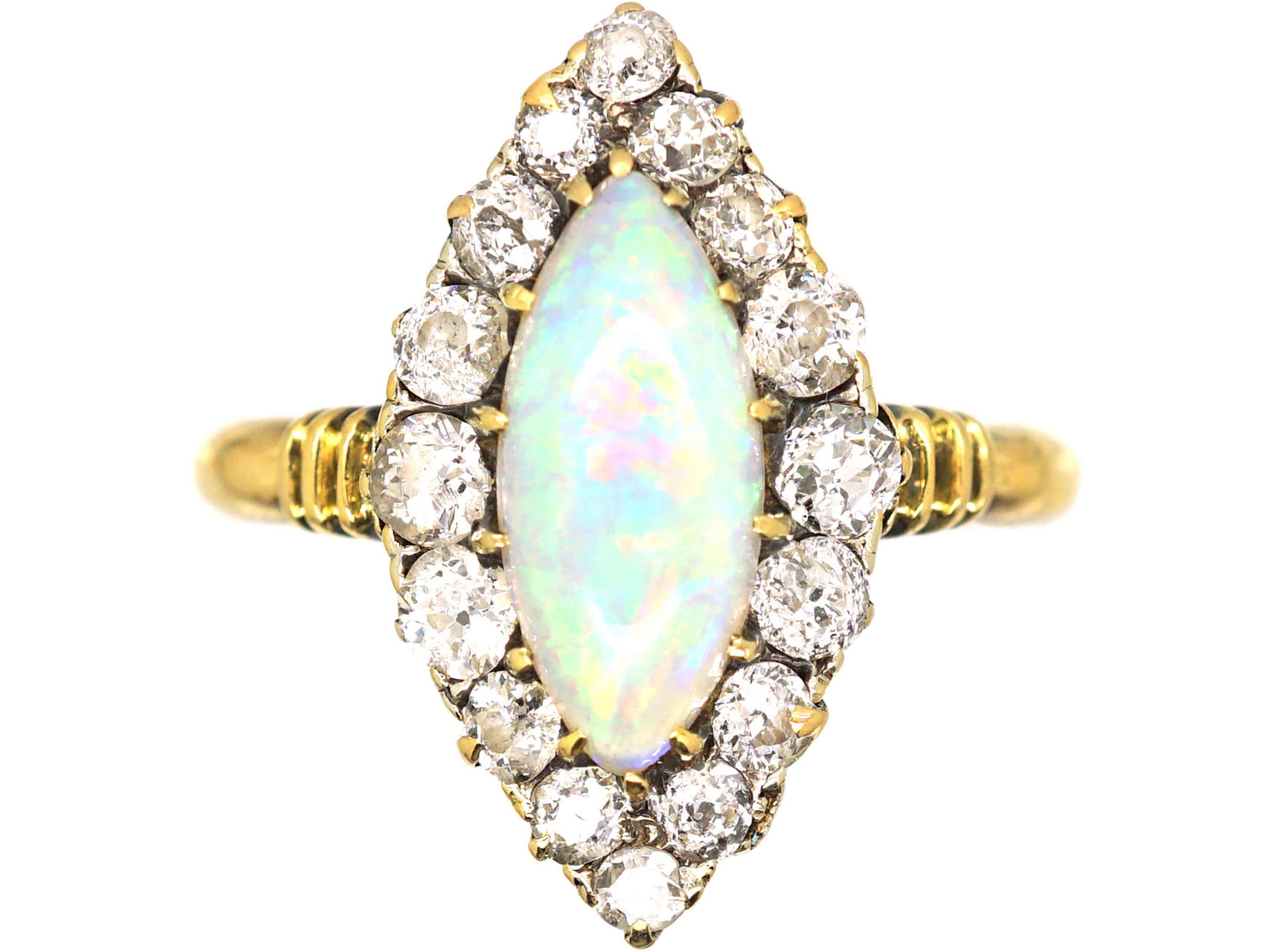 Edwardian 18ct Gold Opal & Diamond Marquise Shaped Ring (923S) | The ...