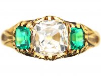 William IV 18ct Gold, Old Mine Cut Diamond & Emerald Three Stone Ring
