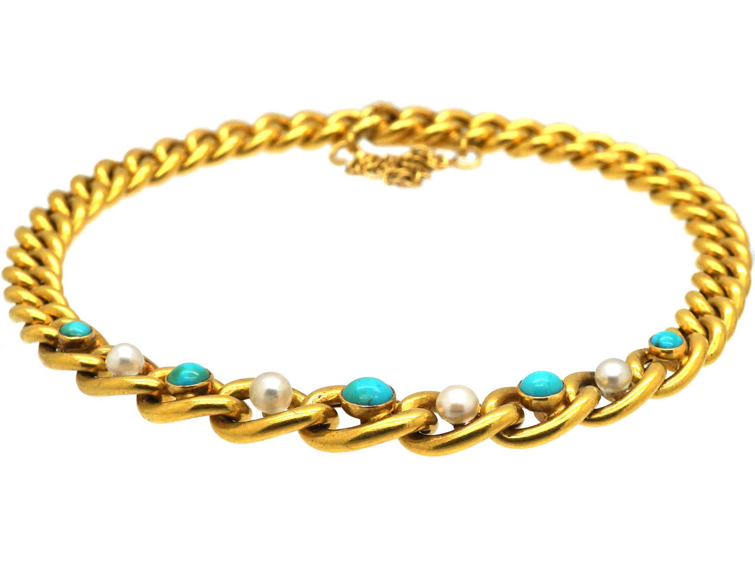 French Belle Epoque 18ct Gold Curb Bracelet set with Turquoise ...