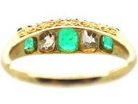Victorian 18ct Gold, Five Stone Emerald & Diamond Carved Half Hoop Ring