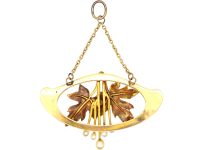 Art Nouveau 15ct Two Colour Gold Pendant with Leaf & Natural Pearl Motif