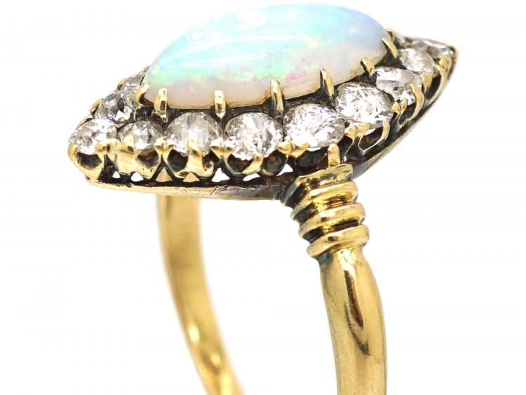 Edwardian 18ct Gold Opal & Diamond Marquise Shaped Ring