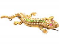 Edwardian 15ct Gold Salamander Brooch set with Green Garnets, Rubies & Natural Split Pearls