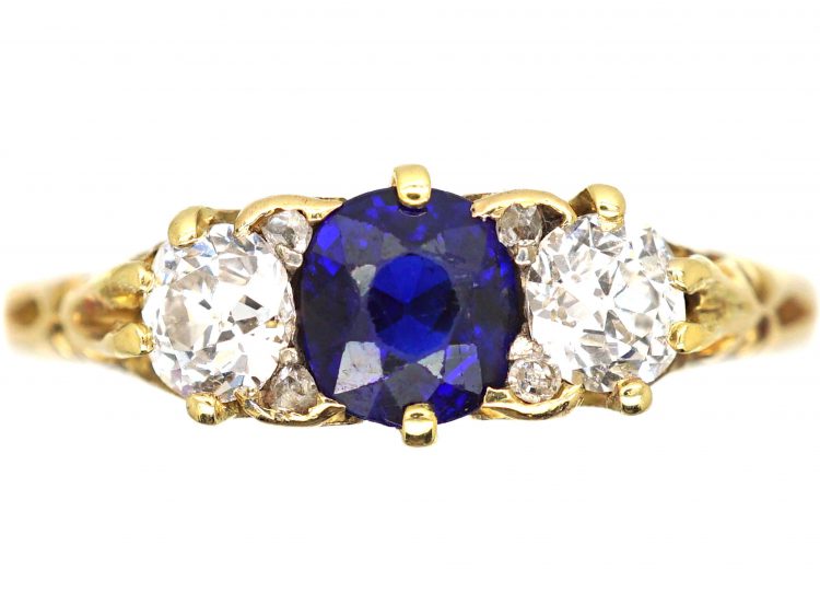 Victorian 18ct Gold, Sapphire & Diamond Carved Half Hoop Ring