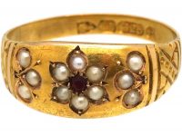 Victorian 15ct Gold, Ruby & Natural Split Pearl Flower Ring