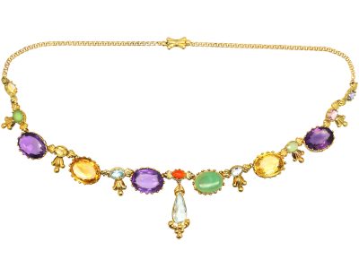 French 19th Century 18ct Gold Harlequin Necklace set with Various Gem Stones