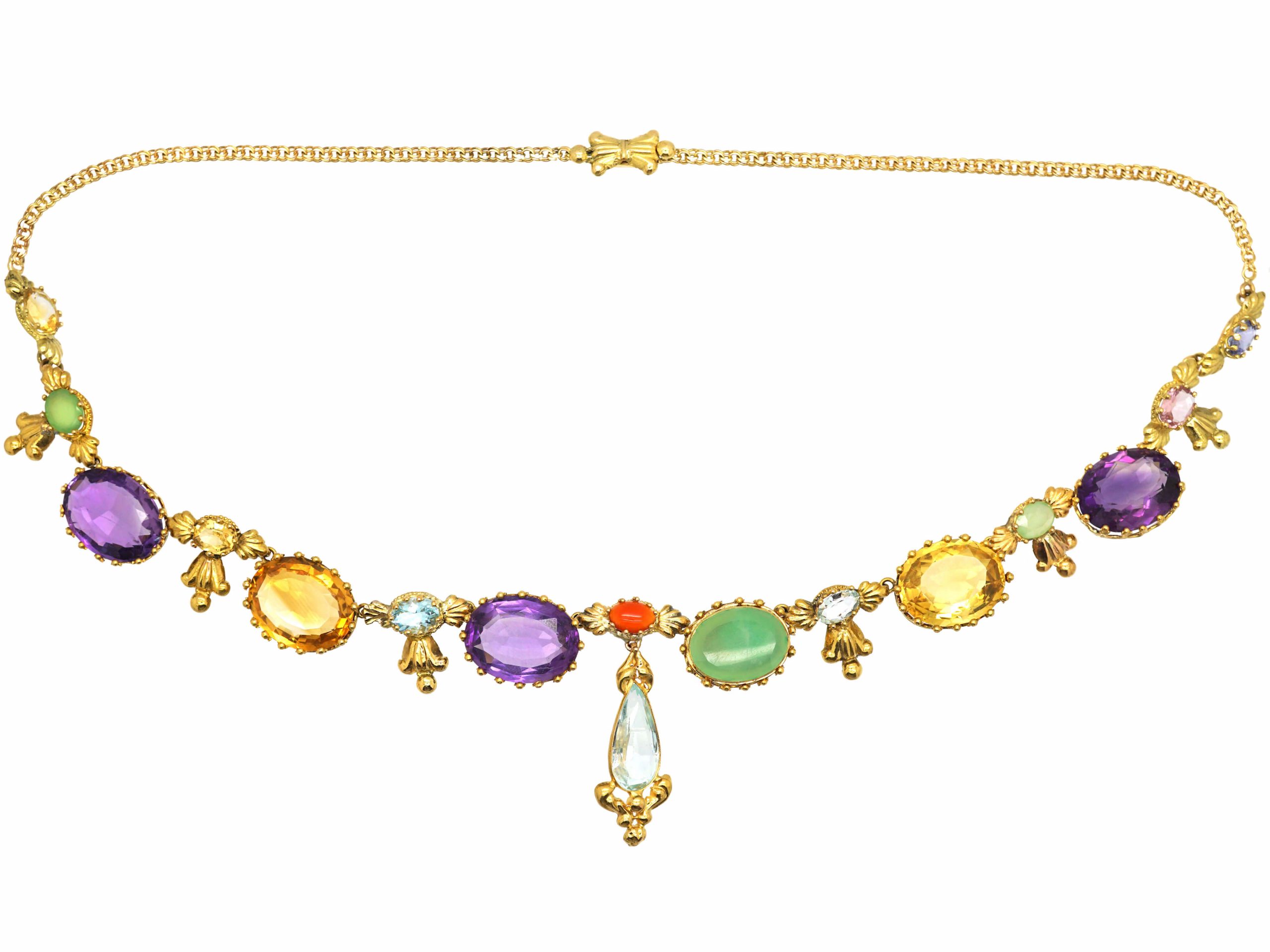 French 19th Century 18ct Gold Harlequin Necklace set with Various Gem ...