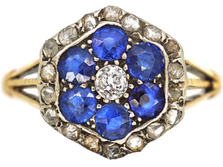 Edwardian 18ct Gold, Sapphire & Diamond Hexagonal Cluster Ring