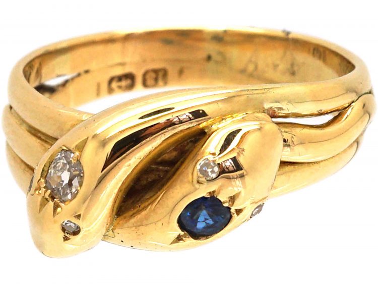 Edwardian 18ct Gold Double Snake Ring set with Diamonds & a Sapphire