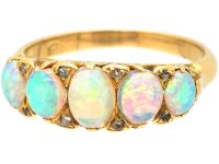 Edwardian 18ct Gold, Carved Half Hoop Five Stone Opal & Rose Diamond Ring