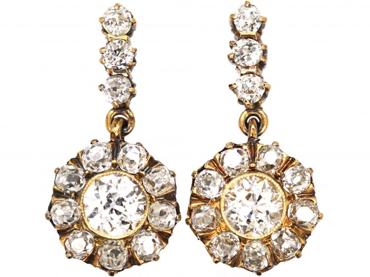 Edwardian 18ct Gold Diamond Cluster Earrings with Three Diamonds Above
