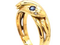 Edwardian 18ct Gold Double Snake Ring set with Diamonds & a Sapphire