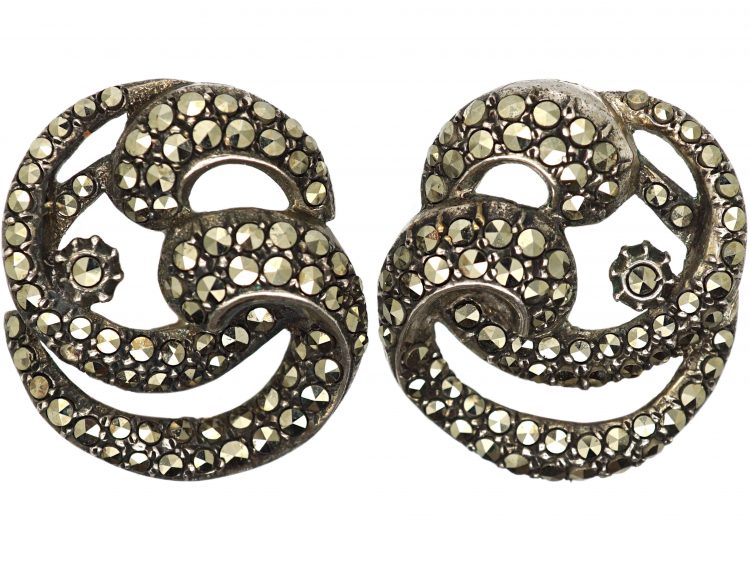 Retro Silver & Marcasite Swirl Earrings