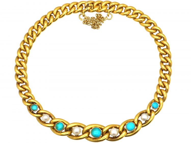 French Belle Epoque 18ct Gold Curb Bracelet set with Turquoise & Natural Pearls