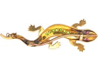 Edwardian 15ct Gold Salamander Brooch set with Green Garnets, Rubies & Natural Split Pearls