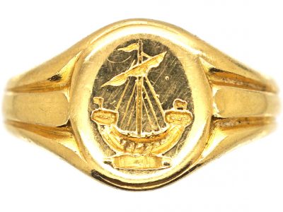 Edwardian 18ct Gold Signet Ring with Intaglio of a Galleon