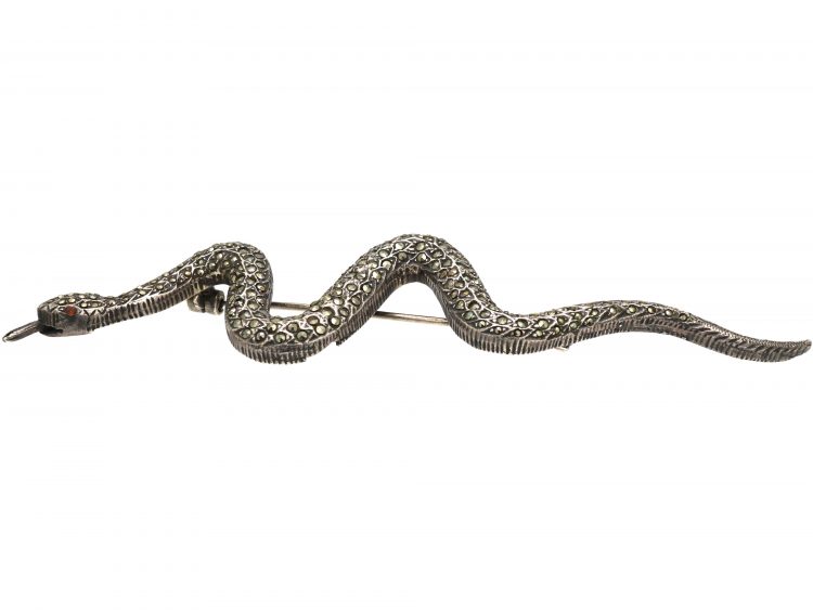 Mid 20th Century Silver & Marcasite Large Snake Brooch