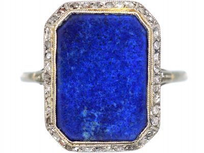 Art Deco 18ct White Gold, Lapis Lazuli & Rose Diamond Ring