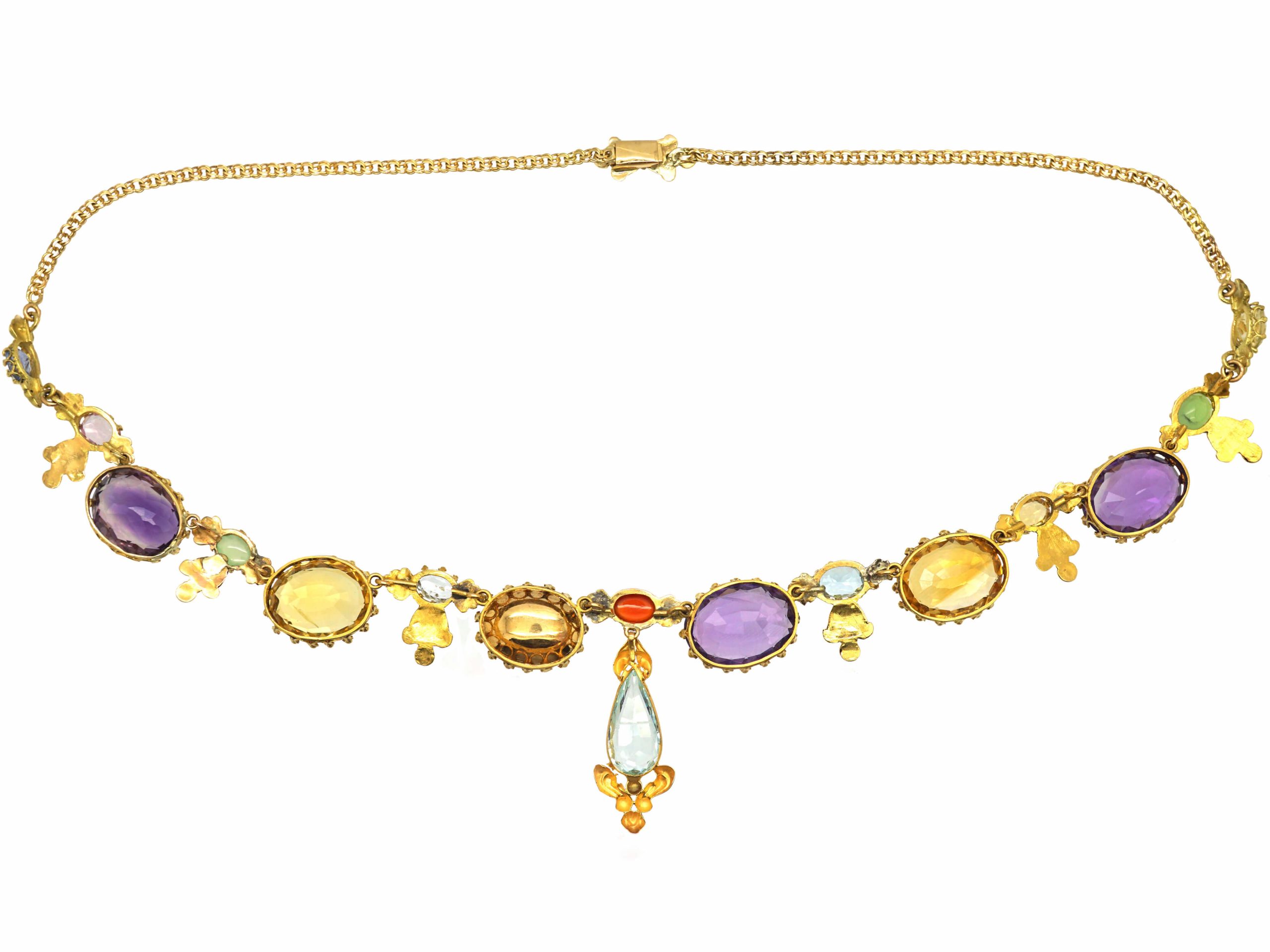 French 19th Century 18ct Gold Harlequin Necklace set with Various Gem ...