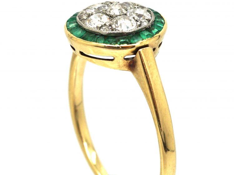 Art Deco 18ct Gold & Platinum Target Ring set with Diamonds & Emeralds