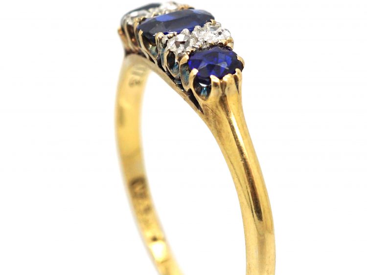 Edwardian 18ct Gold, Three Stone Sapphire Ring with Diamonds In Between