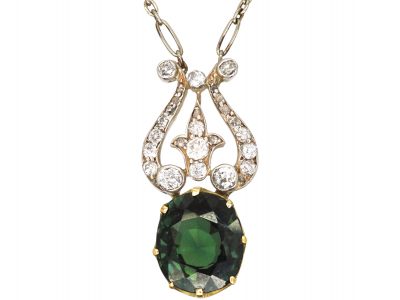 Edwardian Platinum Lyre Shaped Pendant on Chain set with a Green Sapphire & Diamonds