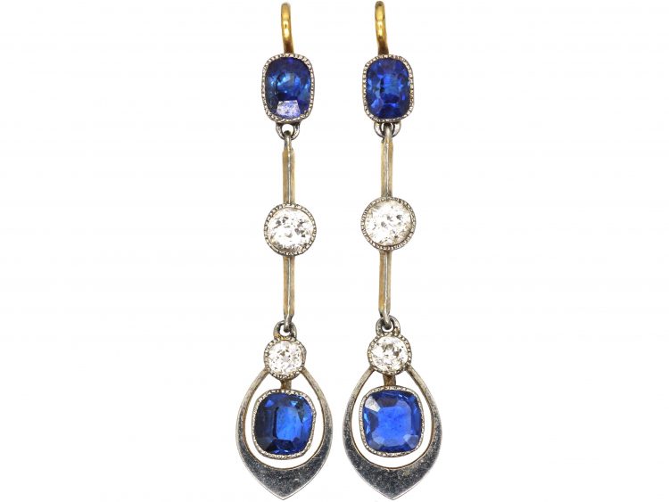 Art Deco 15ct Gold & Platinum, Sapphire & Diamond Drop Earrings