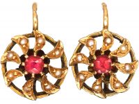 French Early 20th Century 18ct Gold, Pink Tourmaline & Natural Split Pearl Catherine Wheel Earrings
