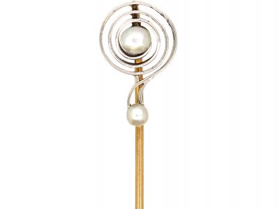 Art Deco 14ct Gold & Platinum Question Mark Tie Pin set with Two Natural Pearls