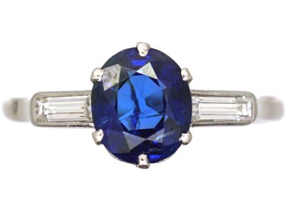 Retro 18ct White Gold & Platinum, Sapphire Solitaire Ring with Baguette Diamond Shoulders