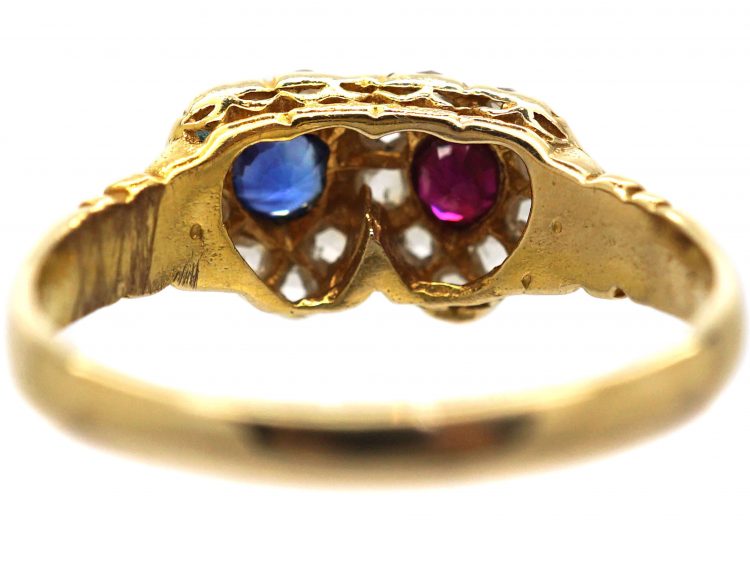 Edwardian 15ct Gold, Double Heart Ring set with Rose Cut Diamonds, a Ruby & a Sapphire