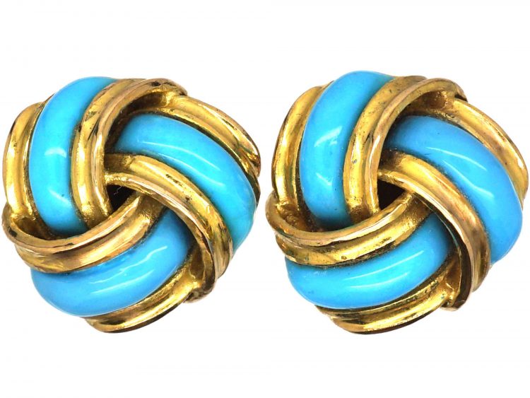 Victorian 18ct Gold Knot Earrings with Turquoise Enamel