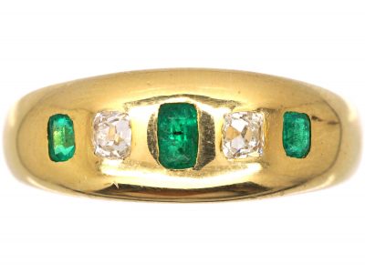 Edwardian 18ct Gold, Emerald & Diamond Rub Over Set Ring