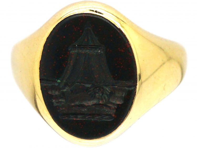 9ct Gold Signet Ring Set with a Bloodstone Intaglio of a Pagoda & Lion by Charles Green & Sons