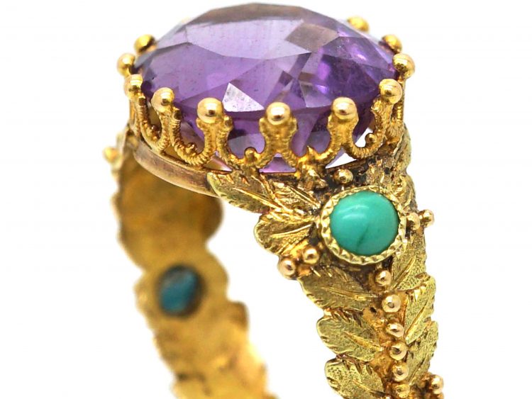 Georgian 15ct Two Colour Gold, Amethyst & Turquoise Ring with Floral Detail