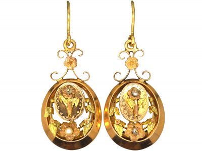 French 19th Century 18ct Three Colour Gold Earrings set with Natural Pearls