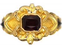 Late Georgian 18ct Gold & Black Enamel Ring Set With a Garnet