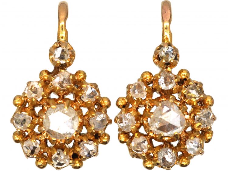 French Early 20th Century 18ct Gold, Rose Cut Diamond Cluster Earrings